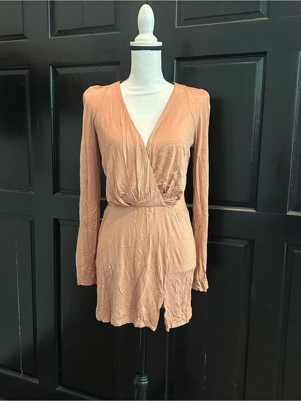 NBD Long-Sleeve V-Neck Wrap Mini Dress in Blush
